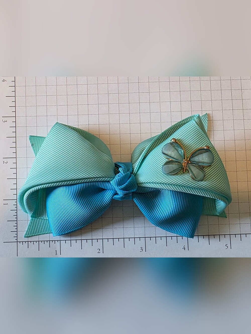 Aqua/Blue Two-tone Grosgrain Bow with Gold Butterfly Accent